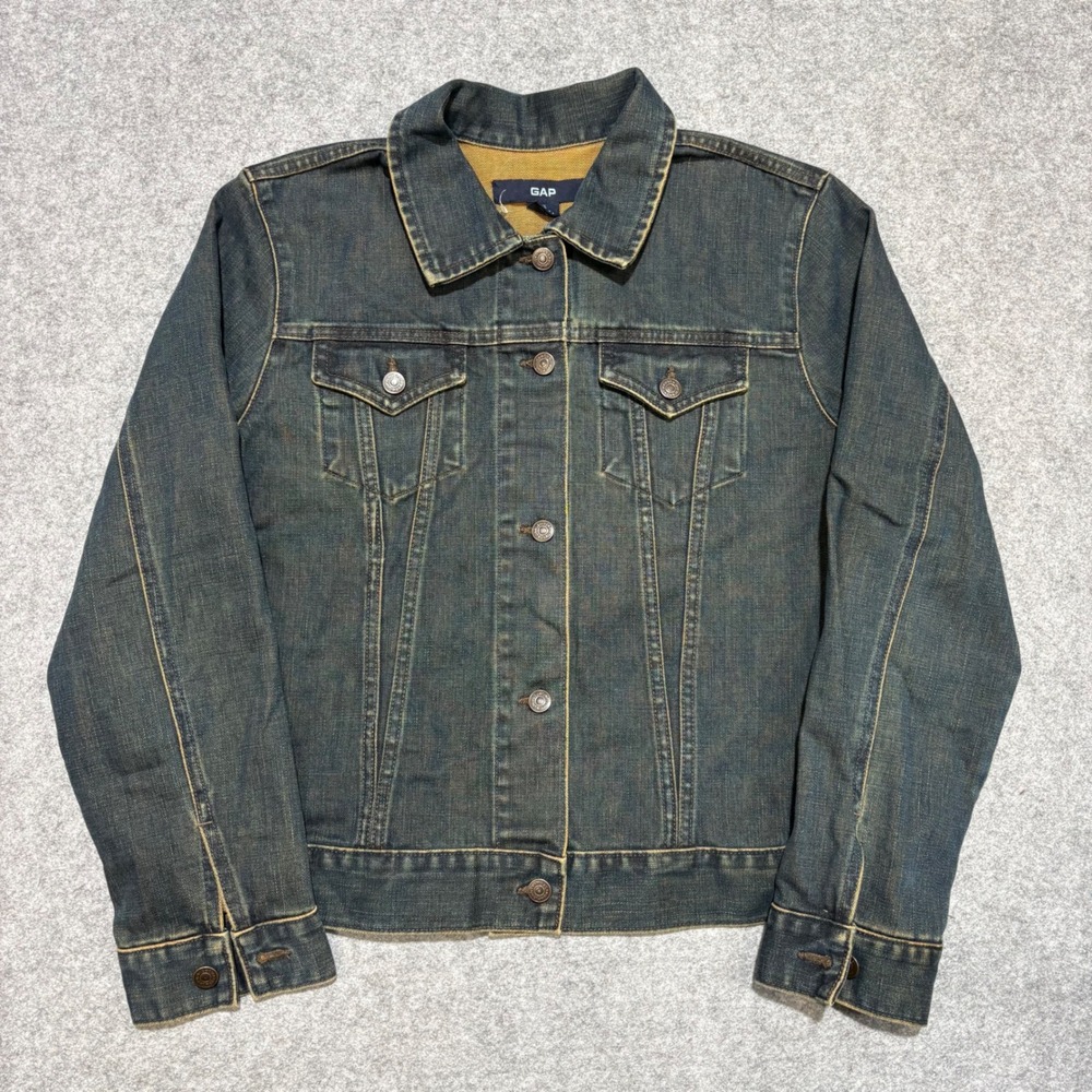 GAP Womens XL Dark Wash Denim Trucker Jacket Contrast Lining Vintage Style
